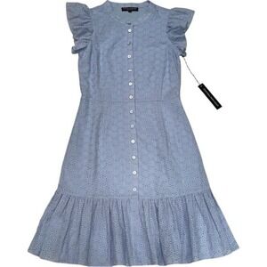 Central Park West Eyelet Dress Ruffle Sleeve‎ Button Front Light Blue S